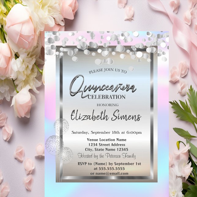 Silver Dots Balloons Frame Holographic Quinceañera Invitation (Creator Uploaded)