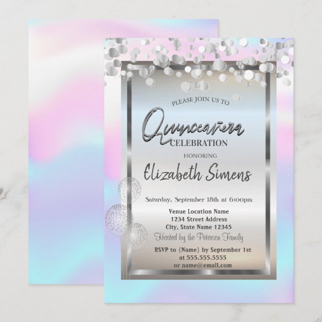 Silver Dots Balloons Frame Holographic Quinceañera Invitation (Front/Back)