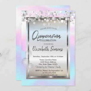 Silver Dots Balloons Frame Holographic Quinceañera Invitation