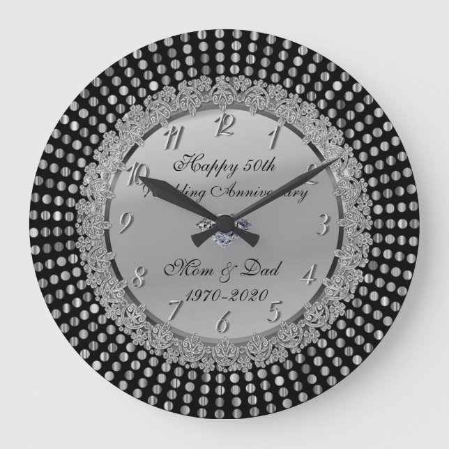 Silver Dots,Black 50th Wedding Anniversary Large Clock (Front)