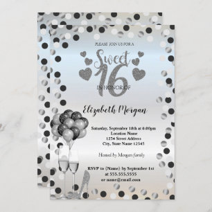 Silver Dots ,Glass,Ballons Sweet 16 Party Invitation