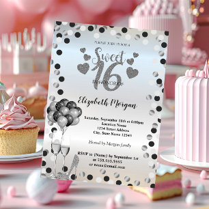 Silver Dots ,Glass,Ballons Sweet 16 Party Invitation