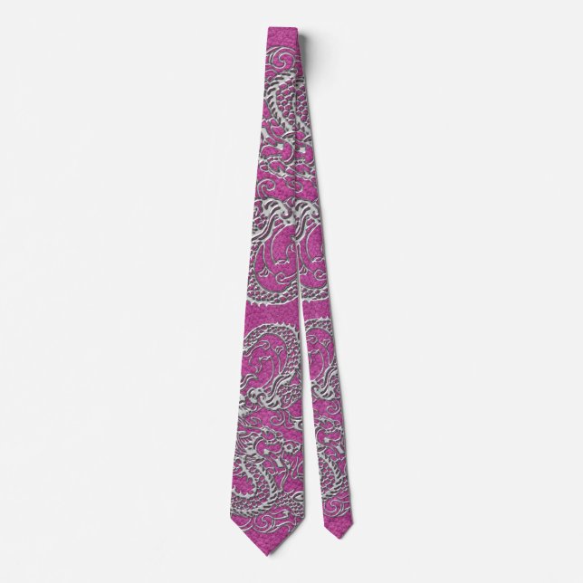 Silver Dragon on Magenta Pink Leather Texture Tie (Front)