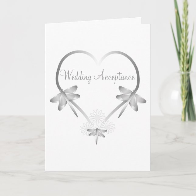 Silver Dragonfly Heart Wedding Acceptance Thank You Card (Front)