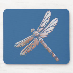 Silver Dragonfly on blue background Mouse Mat