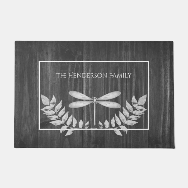 Silver Dragonfly Rustic Personalised Doormat (Front)