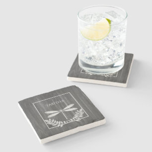 Silver Dragonfly Rustic Personalised Stone Coaster