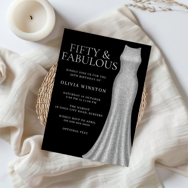 Silver Dress Black Fifty & Fabulous 50th Birthday Invitation (Creator Uploaded)