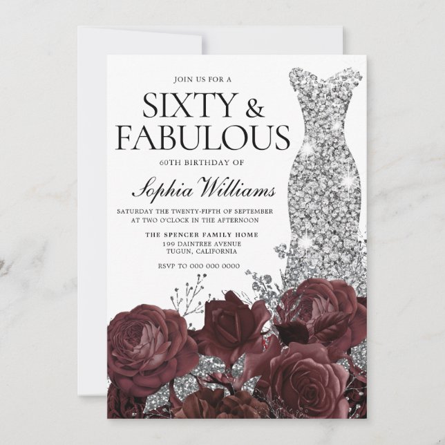 Silver Dress Burgundy Roses 60th Birthday Party Invitation (Front)