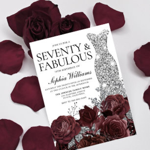 Silver Dress Burgundy Roses 70th Birthday Party Invitation