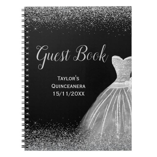 Silver Dress Faux Glitter Quinceanera  guest Book (Front)