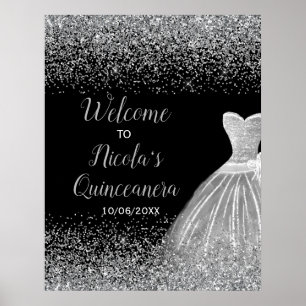 Silver Dress Faux Glitter Quinceanera Welcome Poster