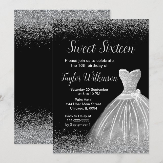 Silver Dress Faux Glitter Sweet 16 Birthday Invitation (Front/Back)