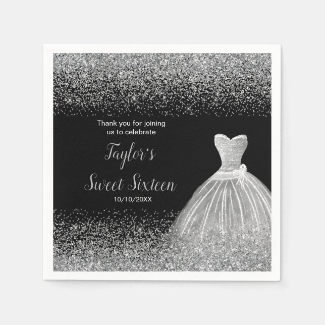 Silver Dress Faux Glitter Sweet 16 Birthday Napkin (Front)