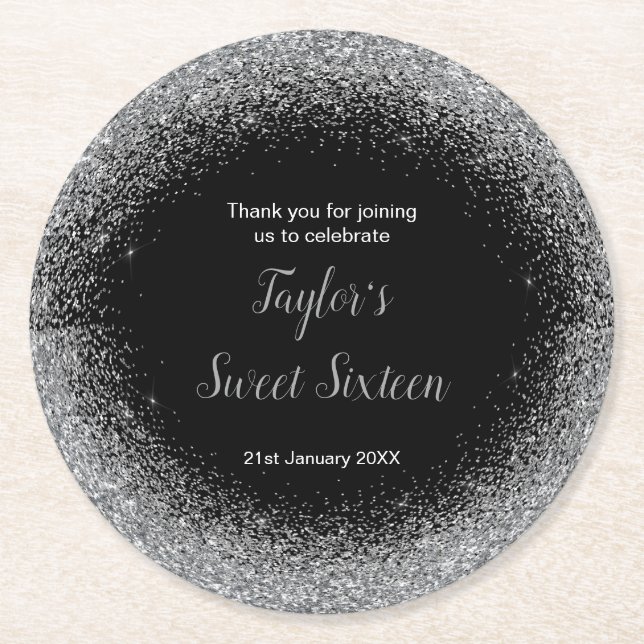 Silver Dress Faux Glitter Sweet 16 Birthday Round Paper Coaster (Front)