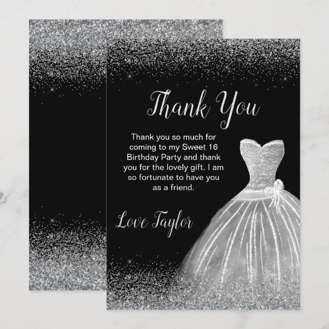 Silver Dress Faux Glitter Sweet 16 Birthday Thank You Card (Front/Back)