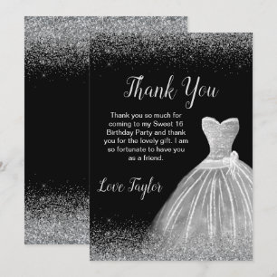 Silver Dress Faux Glitter Sweet 16 Birthday Thank You Card