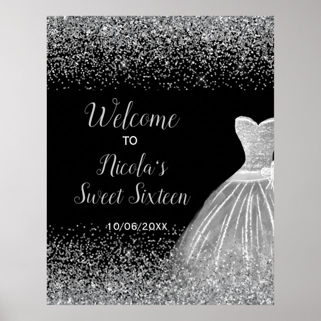 Silver Dress Faux Glitter Sweet 16 Welcome Poster (Front)