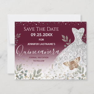 Silver Dress Floral Quinceanera Save the Date