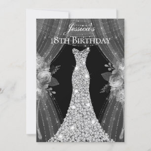 Silver Dress Girls 17th 18th 19th Birthday Party Invitation