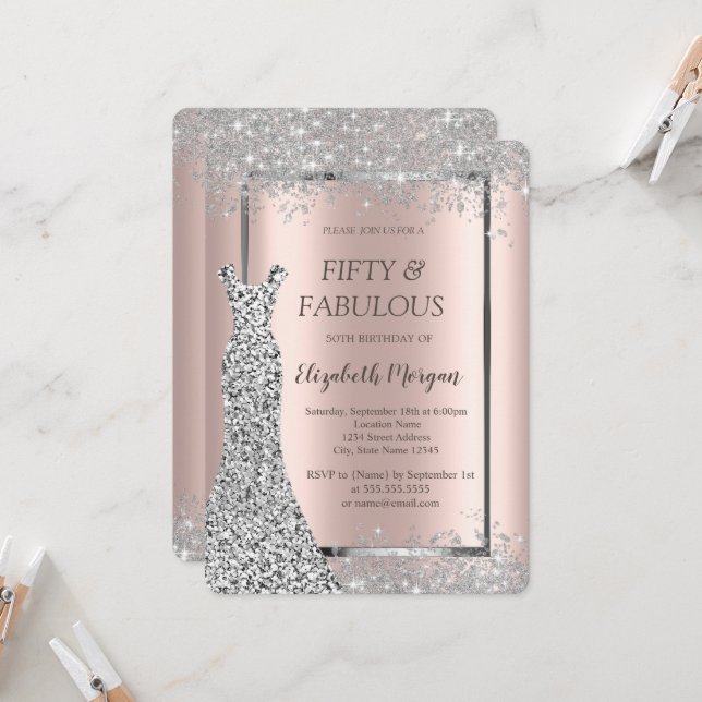 Silver Dress Glitter Confetti Rose Gold 50th  Invitation (Front/Back In Situ)