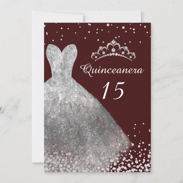 Silver Dress Gown Burgundy Quinceanera Party 15th Invitation (Front)