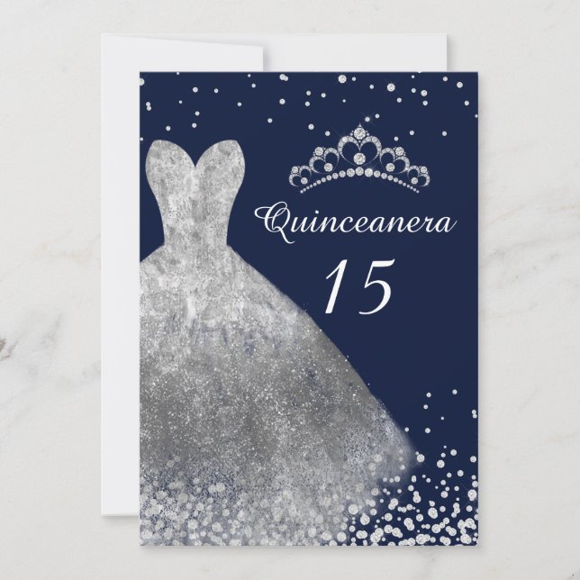 Silver Dress Gown Navy Quinceanera Party 15th Invitation (Front)