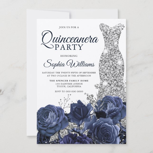 Silver Dress Gown Navy Quinceanera Party Shimmer Invitation (Front)