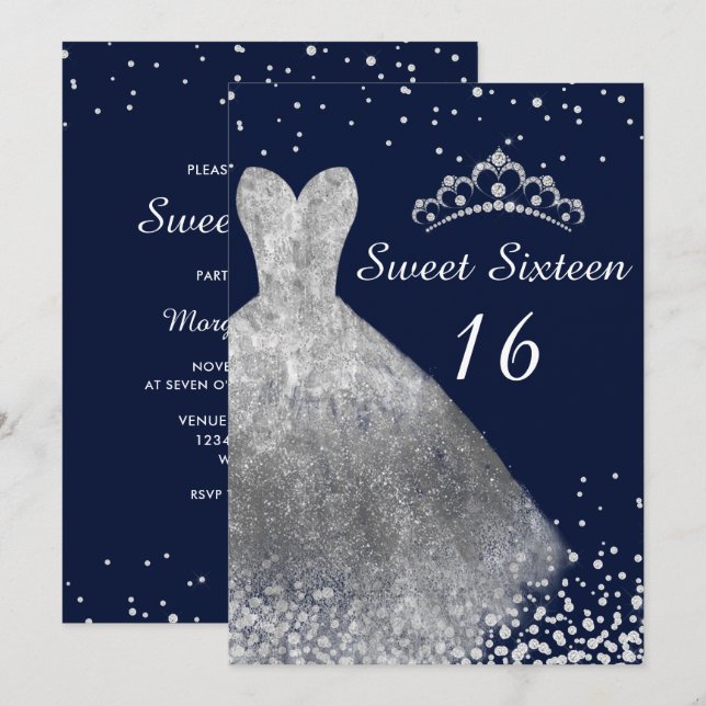 Silver Dress Gown Navy Sweet 16 Party 16th Invitation (Front/Back)