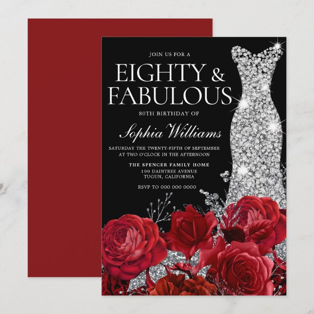 Silver Dress Gown Red Roses 80th Birthday Black Invitation (Front/Back)