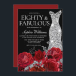 Silver Dress Gown Red Roses 80th Birthday Black Invitation<br><div class="desc">Silver Dress Gown Red Roses 80th Birthday Black Invitation

See matching collection in Niche and Nest Store

Many thanks</div>