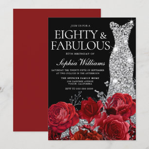 Silver Dress Gown Red Roses 80th Birthday Black Invitation