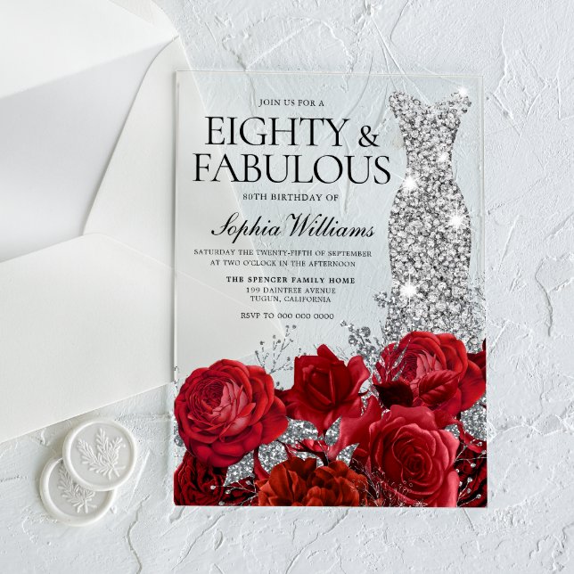 Silver Dress Gown Red Roses 80th Birthday Party Acrylic Invitations (Creator Uploaded)