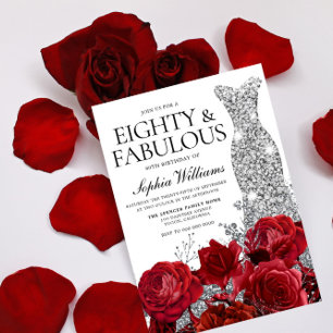 Silver Dress Gown Red Roses 80th Birthday Party Invitation