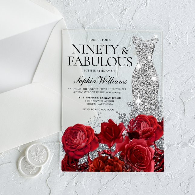 Silver Dress Gown Red Roses 90th Birthday Party Acrylic Invitations (Creator Uploaded)