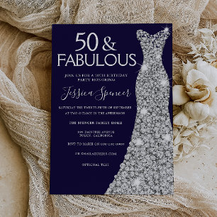 Silver Dress Navy 50 & Fabulous 50th Birthday Invitation