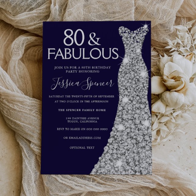 Silver Dress Navy 80 & Fabulous 80th Birthday Invitation (Creator Uploaded)