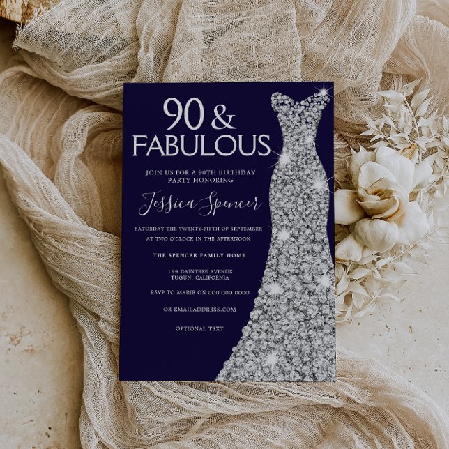 Silver Dress Navy 90 & Fabulous 90th Birthday Invitation (Creator Uploaded)