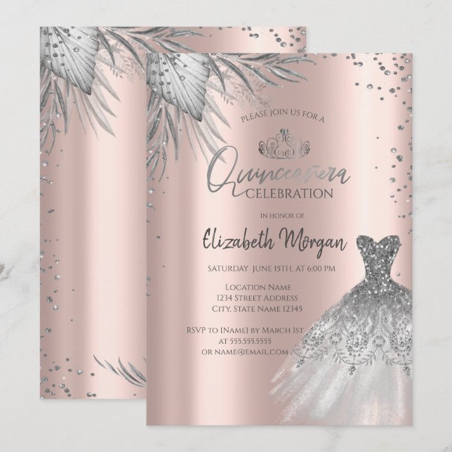 Silver Dress,Pampas Flowers Rose Gold Quinceañera  Invitation (Front/Back)
