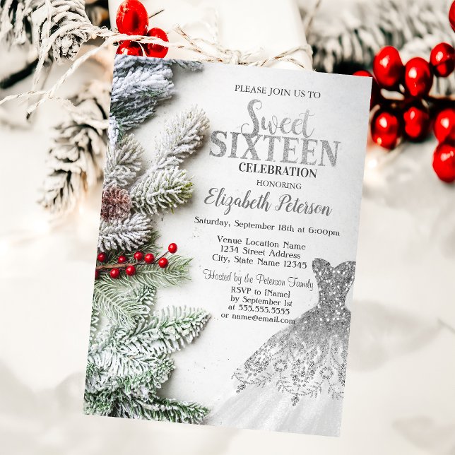Silver Dress,Pine Tree Branches Sweet 16 Party  Invitation (Creator Uploaded)