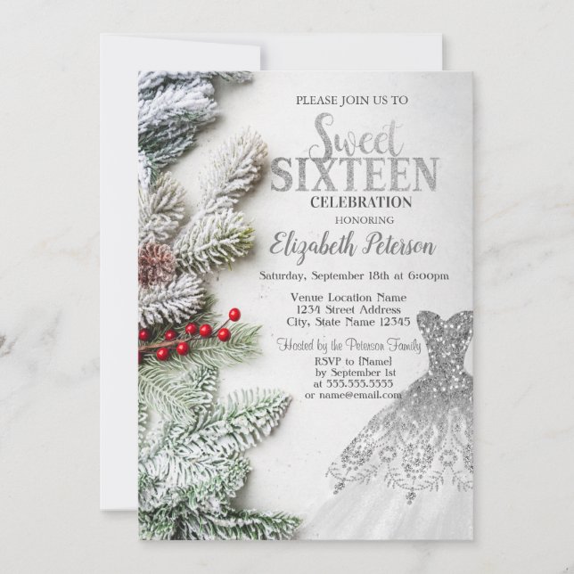 Silver Dress,Pine Tree Branches Sweet 16 Party  Invitation (Front)