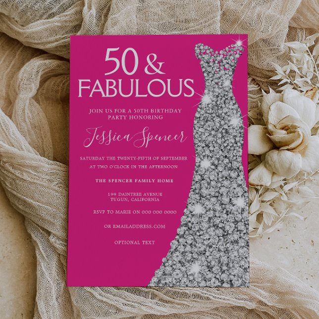 Silver Dress Pink 50 & Fabulous 50th Birthday Invitation (Creator Uploaded)