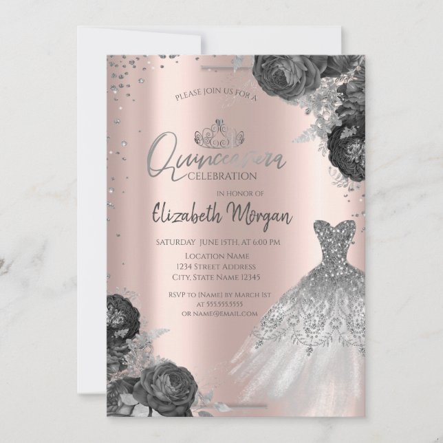 Silver Dress Roses Diamonds Rose Gold Quinceañera  Invitation (Front)