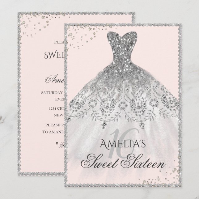 Silver Dress Sparkle 16th Sweet Sixteen Invitation (Front/Back)
