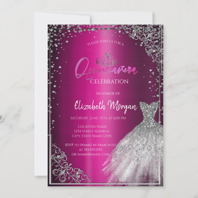 Silver Dress Tiara,Diamonds Purple Quinceañera  Invitation (Front)