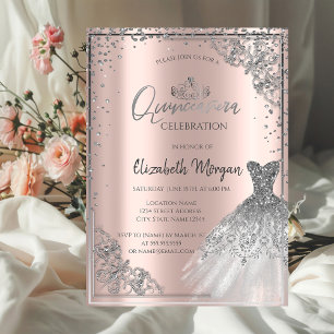 Silver DressTiara,Diamonds Rose Gold Quinceañera  Invitation