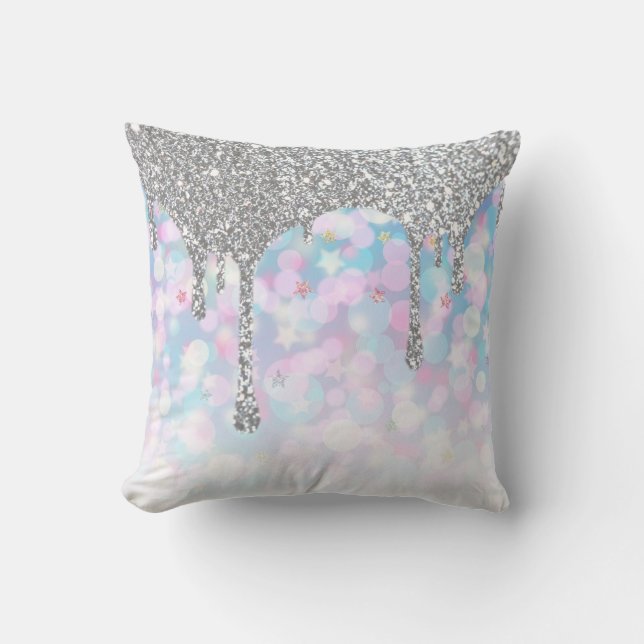*~* Silver Drip Glitter Pastel Blue Pink Stars Cushion (Front)