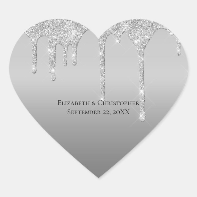 Silver Dripping Glitter Glam Elegant Wedding Heart Sticker (Front)