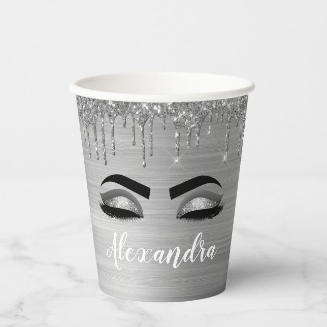 Silver Dripping Glitter Glam Eyes Paper Cups (Front)