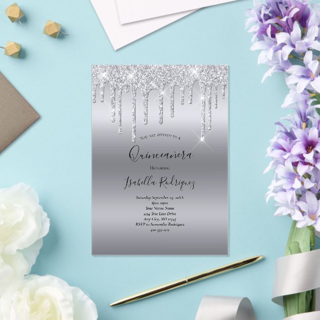Silver Dripping Glitter Glam Quinceanera Birthday Acrylic Invitations (Insitu (Wedding))